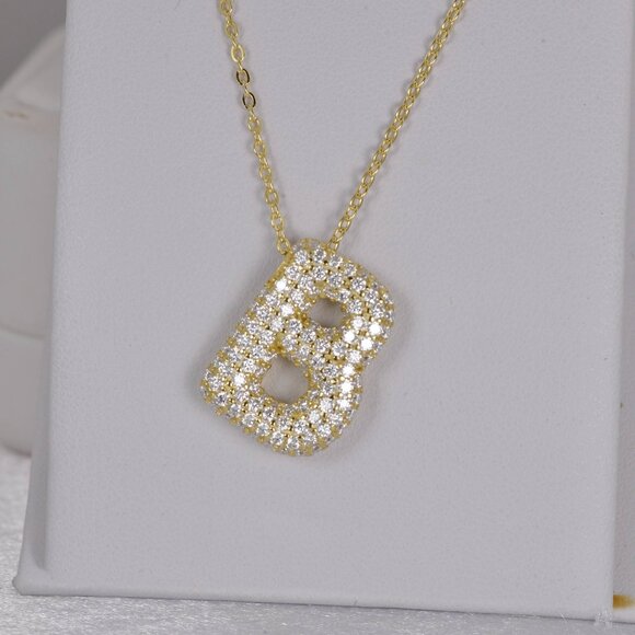 Gra Certified all Moissanite Bubble "B" Initial Pendant 925 Sterling Silver - Picture 2 of 4